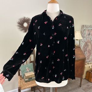 Sézane Pierro Long Sleeve Button Front Velvet Blouse Colorful Flower Print